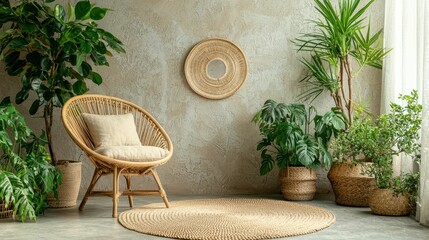 Wall Mural - Stylish Lounge Setup with Bamboo Accents and Rattan Furniture