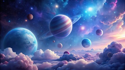 Wall Mural - a celestial panorama of vibrant planets and dreamlike cloudscapes in a starry expanse