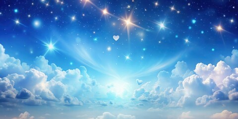 Wall Mural - Celestial Dreamscape A Serene Panorama of Clouds, Stars, and Gentle Hearts Adorning a Vivid Blue Sky