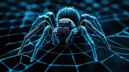 A hairy spider sits center frame on its web, illuminated in a cool blue light.  The intricate details of both spider and web are clearly visible.