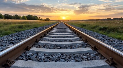 Poster - Scenic Train Tracks Vanishing into the Luminous Sunset Over a Field Landscape : Generative AI