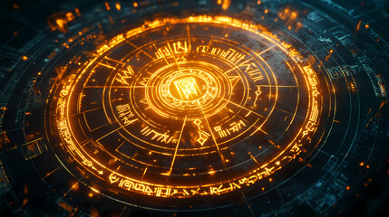 glowing circular rune array with ancient symbols. ancient luminescent glyphs. illustration
