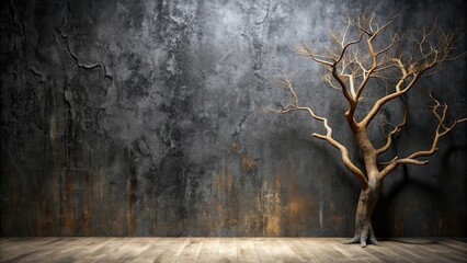 Wall Mural - A barren tree stands starkly against a textured wall, its branches reaching skyward in a dramatic display of nature's resilience