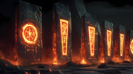 Seamless alien glyphs glowing on ancient monolith. Ancient Luminescent Glyphs. Illustration