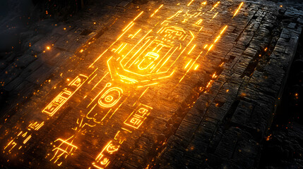 Wall Mural - Seamless alien glyphs glowing on ancient monolith. Ancient Luminescent Glyphs. Illustration