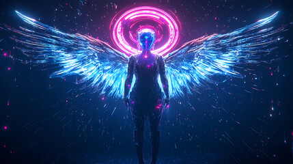 Sticker - Digital angel costume with glowing holographic wings, surrounded by neon halo and ai-generated light effects, ethereal, futuristic, bright tones. Holographic Angelic Figure. Illustration