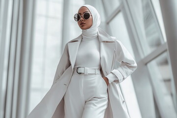 Stylish Muslim woman in a white coat and hijab walking outside, embracing elegance and cultural identity in a modern urban landscape.

