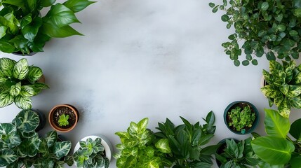 Poster - Lush Green Houseplants Arranged on a Light Grey Background : Generative AI