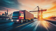 © Teeraphon - Container truck in ship port for business Logistics and transportation of Container Cargo ship and Cargo plane with working crane bridge in shipyard at sunrise, logistic import export and transport
