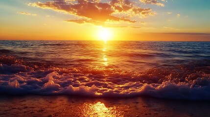 Poster - Breathtaking Sunset Over the Ocean with Waves Crash Against the Shore : Generative AI