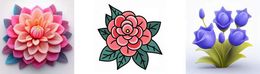 Wall Mural - three flower illustrations: a layered pink dahlia, a pink rose outline with green leaves, and a blue