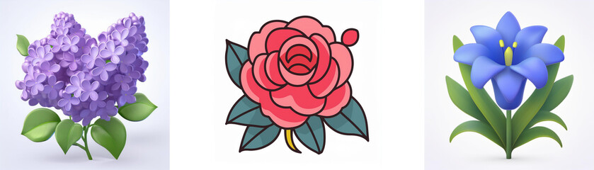 Wall Mural - three isolated floral illustrations feature a purple lilac, a pink rose with green leaves, and a blu
