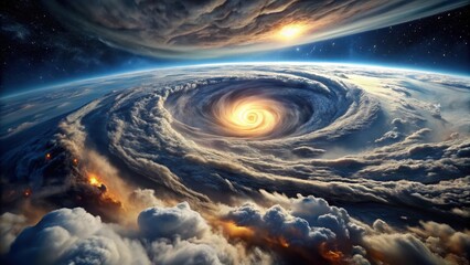 Wall Mural - A Celestial Vortex A luminous spiral of atmospheric energy swirls amidst a dramatic expanse of clouds and fiery eruptions, all set against the backdrop of a star-studded cosmos.