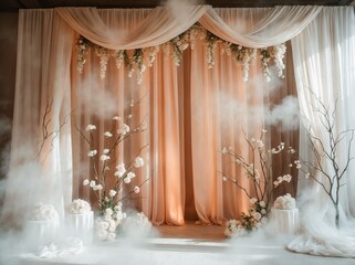 Wall Mural - Dreamy Wedding maternity engagement studio photo backdrop banner background with soft blush peach cream white color delicate rustic flowers and misty haze foggy romantic curtains