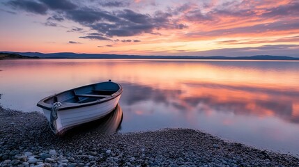 Poster - Scenic view of a peaceful boat on calm water during a stunning sunset reflecting warm hues : Generative AI