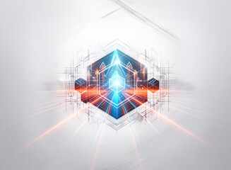 Wall Mural - abstract geometric shape with blue and orange light rays emanating from the center with a bright glo