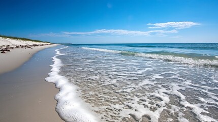 Poster - Sunlit sandy beach with gentle waves lapping at the shore under a clear blue sky : Generative AI