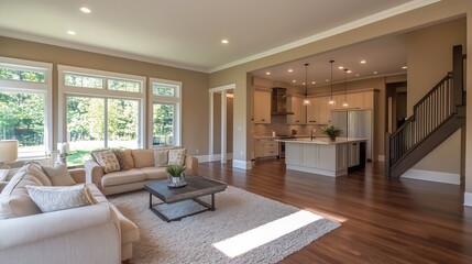 Aufkleber - Modern Open Concept Living Room With Bright Natural Light and Stylish Furniture : Generative AI