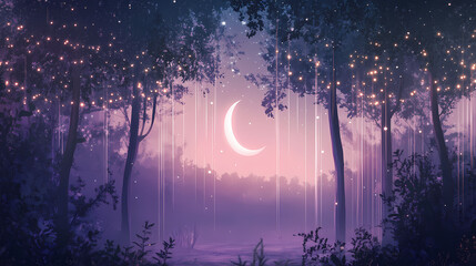 Poster - Mystical forest backdrop with towering trees, twinkling fairy lights, and a crescent moon rising behind a gauzy, lavender-hued silk curtain. Otherworldly Glow Towers. Illustration