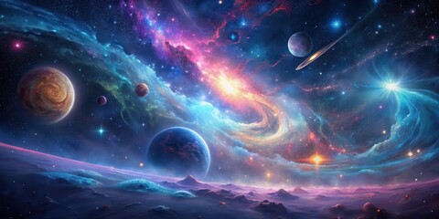 Wall Mural - A cosmic panorama showcasing vibrant nebulae, celestial bodies, and a planetary surface with icy peaks