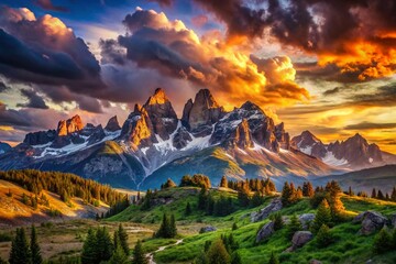 Wall Mural - Panoramic Mountain Landscape: Majestic Peaks, Dramatic Sky, and Rugged Rocks