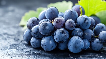Poster - Fresh Juicy Grapes on Dark Plank with Green Leaves and Water Drops : Generative AI