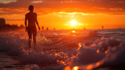 Wall Mural - Ocean sunset stroll, beach waves, distant figures