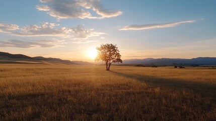 Poster - Serene Sunset Over Open Field with Lone Tree Silhouetted Against the Sky : Generative AI