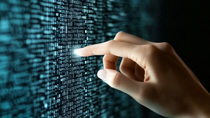 interactive hand touching binary code on screen in software development and digital interface exploration