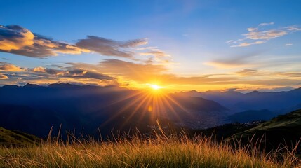 Poster - Stunning Sunrise Over Mountain Ranges with Bright Sun Rays and Vibrant Clouds : Generative AI