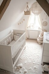 Poster - Cozy and stylish nursery room with crib and playful decorations for baby : Generative AI