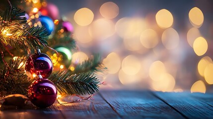 Poster - Festive Close Up of a Christmas Tree with Colorful Ornaments and Beautiful Lights Bokeh Background : Generative AI