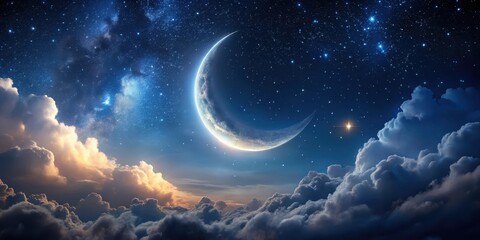 Wall Mural - Crescent Moon Shining Brightly Above a Sea of Clouds and a Starry Night Sky
