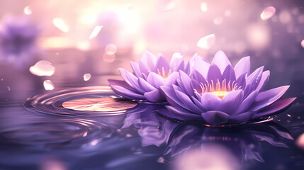 Wall Mural - two luminous purple lotus flowers float on a rippling, glowing surface of water, surrounded by soft 