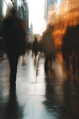 Poster - Dynamic Urban Street Scene with Blurred Figures and Reflections in Wet Pavement During Golden Hour : Generative AI