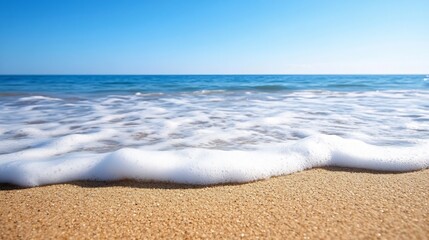 Poster - Tranquil Ocean Waves Gently Crashing on Sandy Beach Under Bright Blue Sky : Generative AI