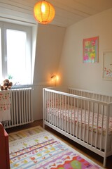 Poster - Charming and Cozy Nursery Room with Soft Lighting for Baby Comfort and Care : Generative AI