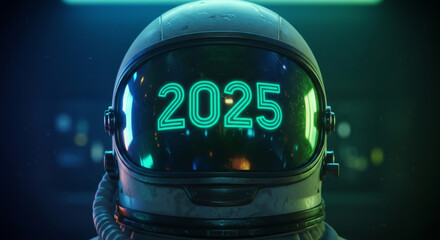 Wall Mural - Futuristic astronaut helmet with glowing year reflected in visor
