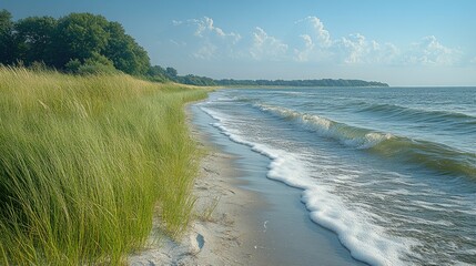 Wall Mural - Sandy beach, gentle waves, coastal grass, summer sky, tranquil seaside scene