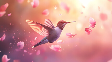 Wall Mural - A stunning visual of a hummingbird gracefully flying through a luminous pink cloud, surrounded by floating petals and a mystical aura of light and color. Floating Luminous Petals. Illustration