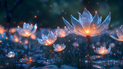 Fantastical flowers with semi-transparent petals create miniature worlds. Floating Luminous Petals. Illustration