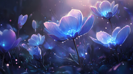 Fantastical flowers with semi-transparent petals create miniature worlds. Floating Luminous Petals. Illustration