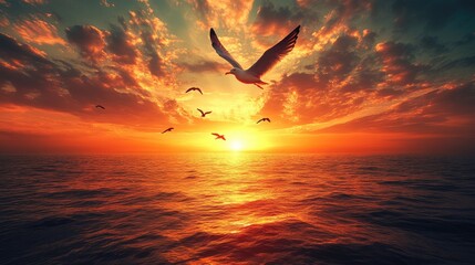 Wall Mural - Seagull Sunset Flight Ocean Dramatic Sky