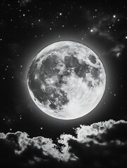 Aufkleber - Stunning Black and White Full Moon Illuminating a Starry Night Sky : Generative AI