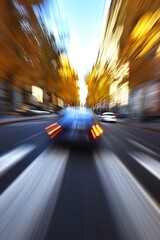 Poster - Dynamic street view with blurred motion of a car and vibrant autumn colors in the background : Generative AI