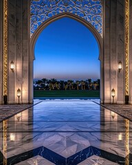 Wall Mural - Architectural archway, dusk, reflecting pool, landscaped gardens