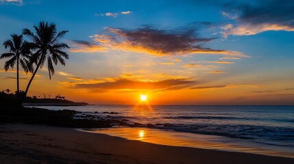 Poster - Breathtaking Tropical Sunset Over the Ocean with Palm Trees and Reflection on Calm Water : Generative AI