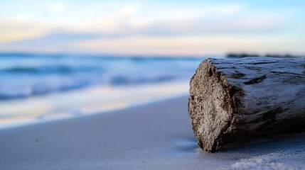 Poster - Serene beach scene with driftwood on sandy shoreline near calm ocean waves : Generative AI