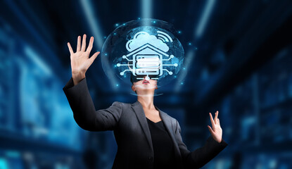 Wall Mural - A professional woman interacts with a futuristic digital interface, depicting a concept of online home cloud computing and virtual server technology in a modern workspace. XDMCP