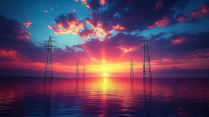 Wall Mural - Sunset over calm lake with power lines